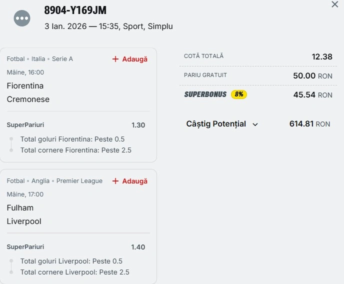 Biletul zilei azi din Superpariuri 4 ianuarie 2026