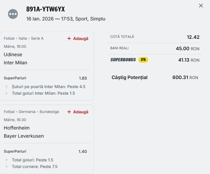 Biletul zilei din fotbal 17.01.2026