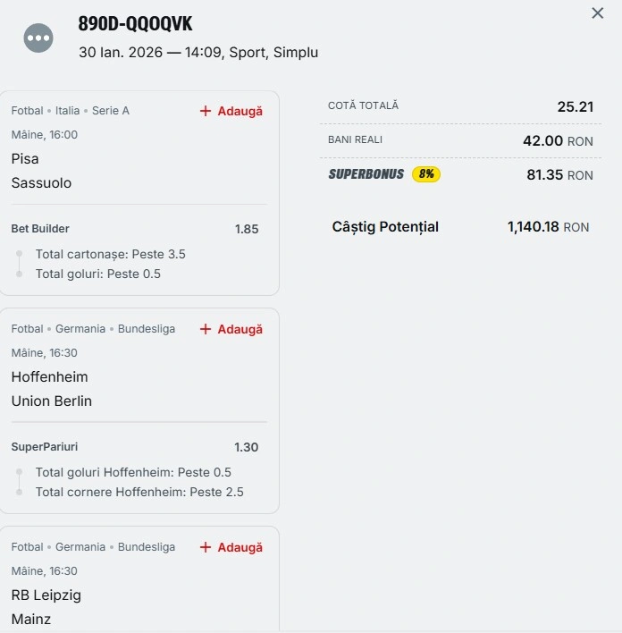 Biletul zilei din fotbal 31.01.2026