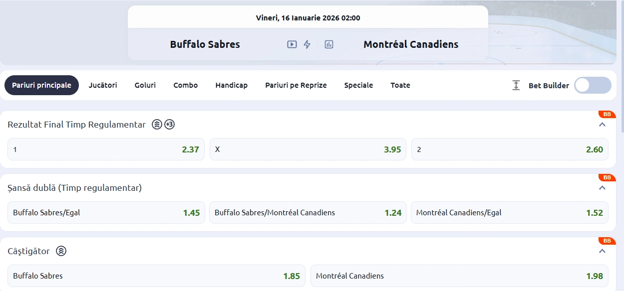 cote Buffalo Sabres vs Montreal Canadiens 16.01.2026