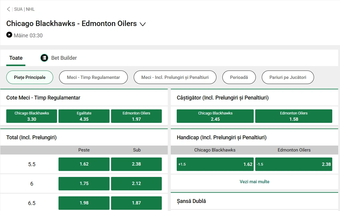 cote Chicago vs Edmonton - NHL 13 Ianuarie 2026