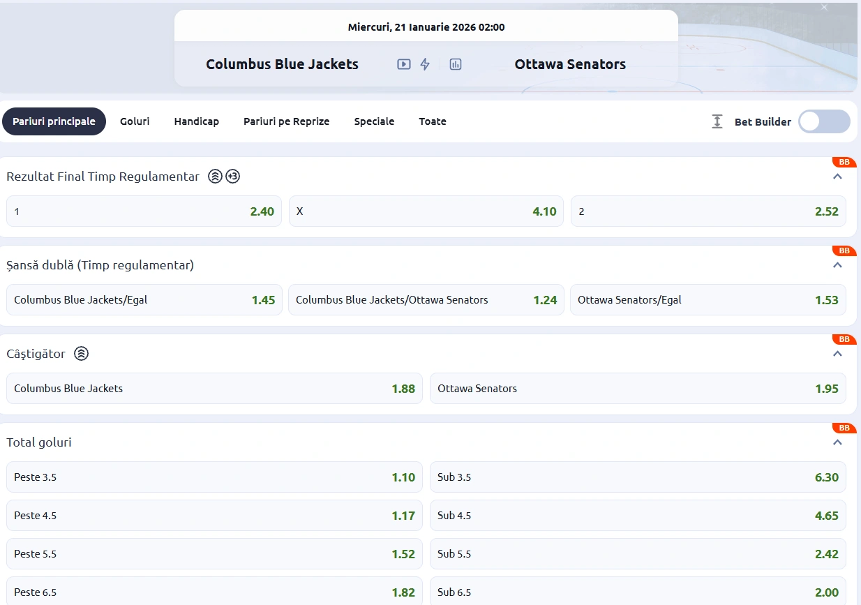 cote Columbus Blue Jackets vs Ottawa Senators - NHL 21 Ianuarie 2026