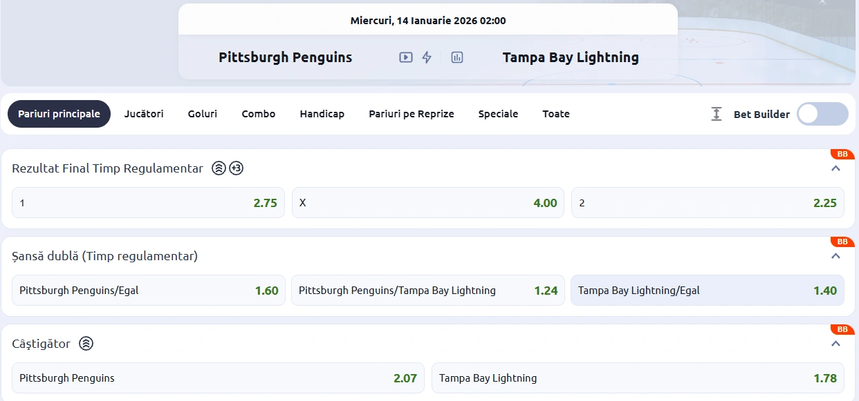 cote Pittsburgh Penguins vs Tampa Bay Lightning - NHL 13 Ianuarie 2026