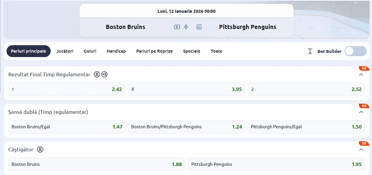 cote pariuri Boston Bruins vs Pittsburgh Penguins 12.01.2026