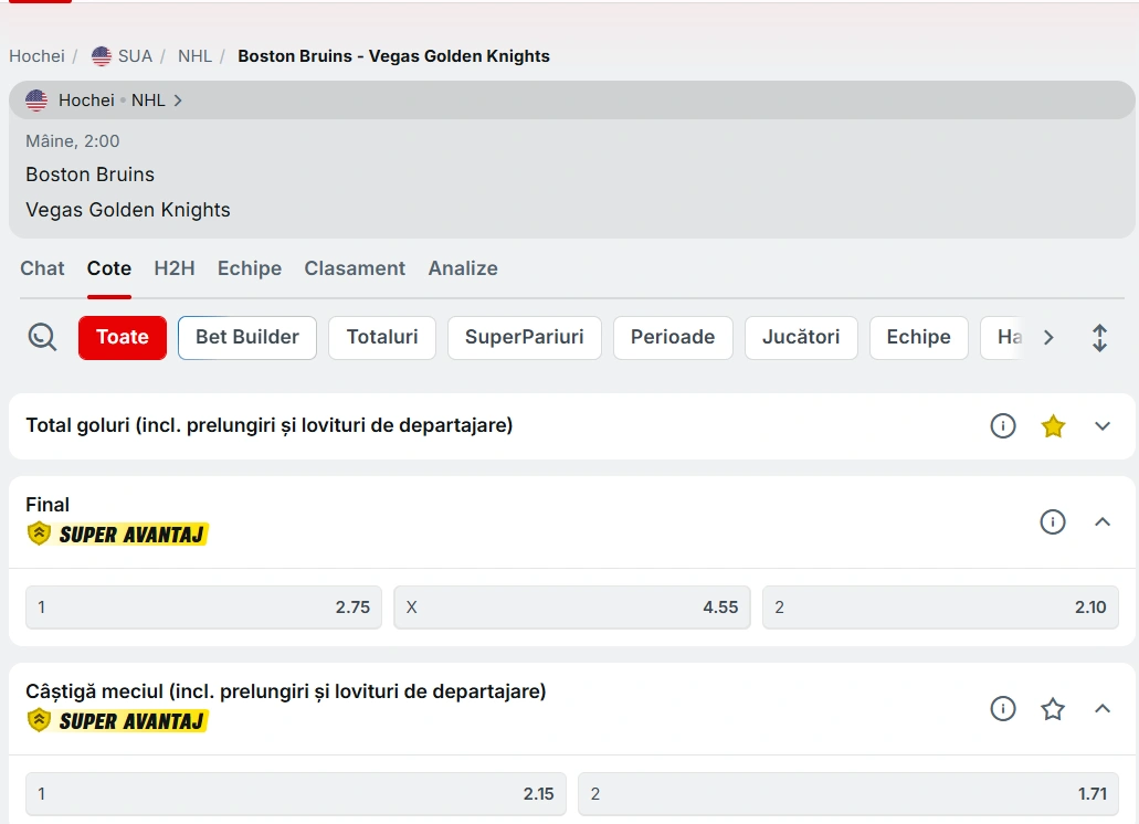 cote pariuri Boston vs Vegas NHL 23.01.2026