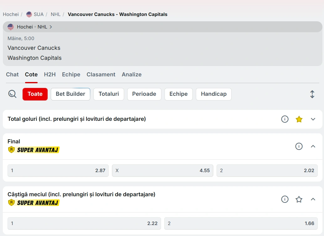 cote pariuri Vancouver Canucks vs Washington Capitals - NHL 22 Ianuarie 2026