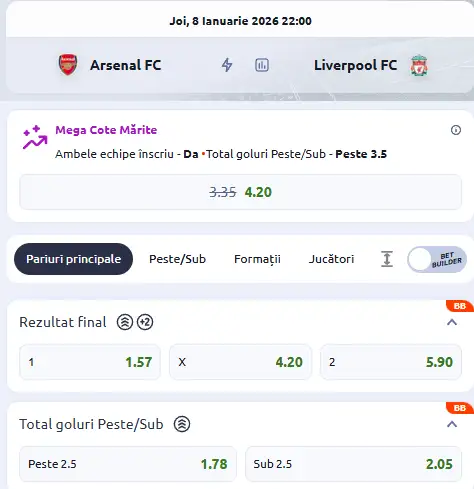 Cote pariuri Arsenal vs Liverpool la Betano