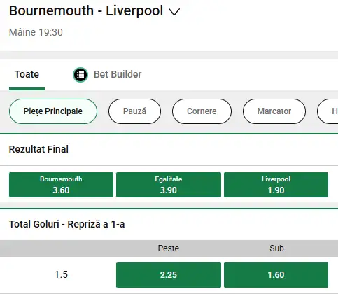 Cote pariuri Bournemouth vs Liverpool oferite de Unibet