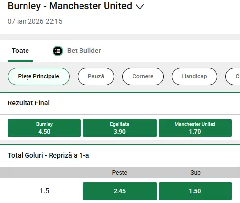 Cote pariuri Burnley vs Manchester United la Unibet