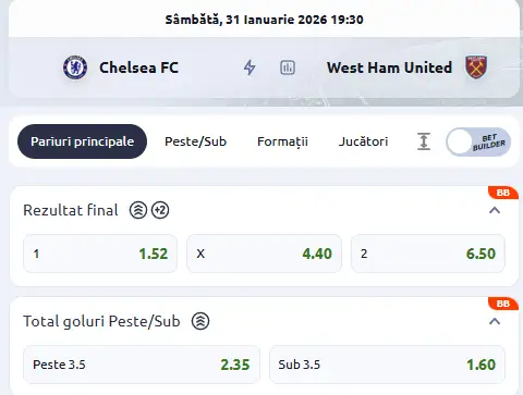 Cote pariuri Chelsea vs West Ham la Betao