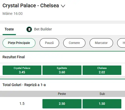 Cote pariuri Crystal Palace vs Chelsea la Unibet