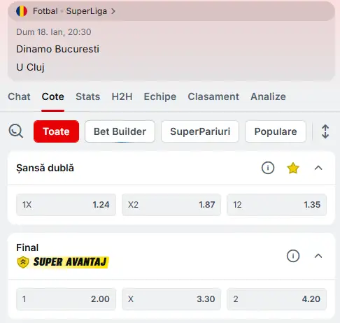 Cote pariuri Dinamo vs U Cluj oferite de Superbet