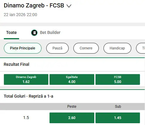 Cote la pariuri Dinamo Zagreb - FCSB în oferta Unibet