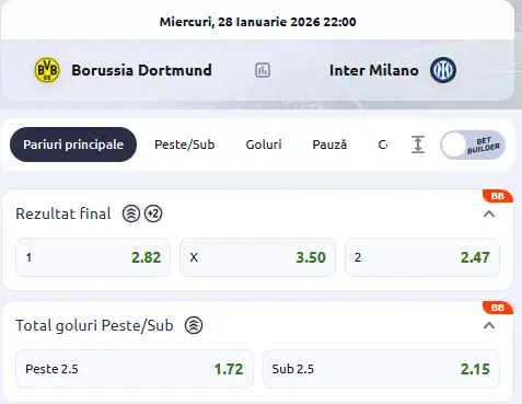 Cote pariuri Dortmund vs Inter la Betano