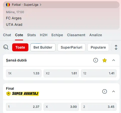 Cote pariuri FC Argeș vs UTA Arad la Superbet