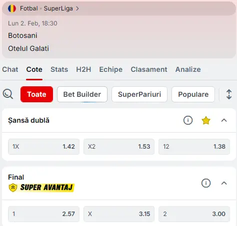 Cote pariuri FC Botoșani vs Oțelul Galați la Superbet