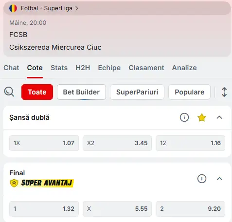 Cote pariuri FCSB vs Csikszereda la Superbet
