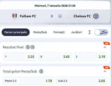 Cote pariuri Fulham vs Chelsea oferite de Betano
