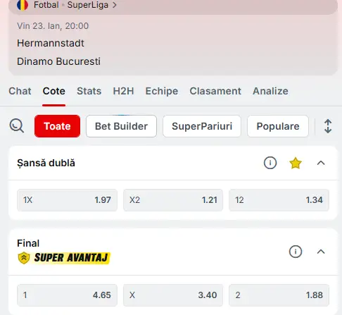 Cote pariuri Hermannstadt vs Dinamo la Superbet