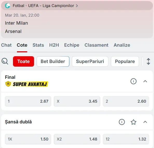 Cote pariuri Inter - Arsenal la Superbet
