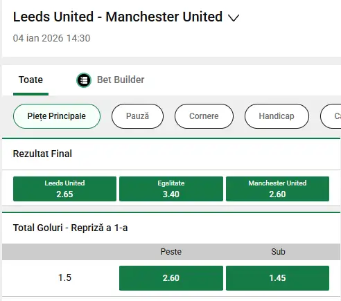 Cote pariuri Leeds vs Manchester United la Unibet