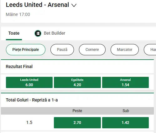 Cote pariuri Leeds vs Arsenal oferite de Unibet