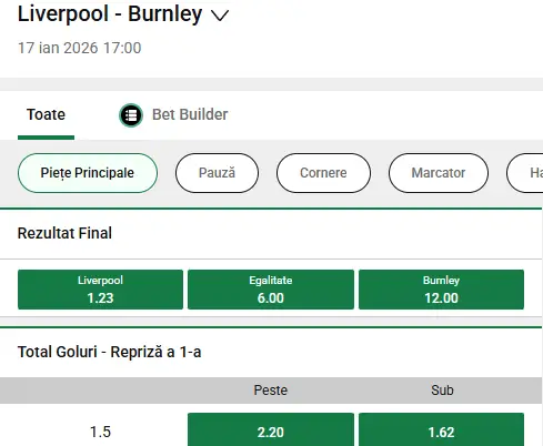 Cote pariuri Liverpool vs Burnley la Liverpool