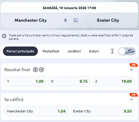 Cote pariuri Manchester City vs Exeter la Betano