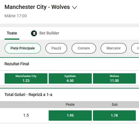 Cote pariuri Manchester City vs Wolves la Unibet