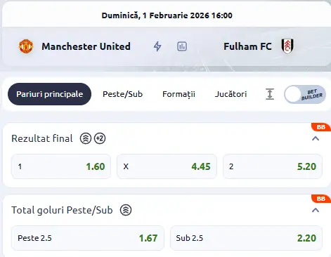 Cote pariuri Manchester United - Fulham la Betano