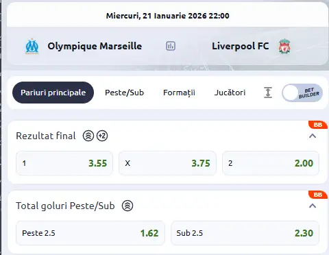 Oferta de cote pariuri Marseille - Liverpool la Betano