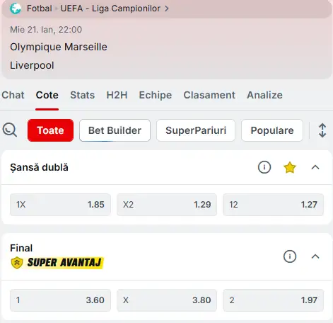 Cote la pariuri în Marseille vs Liverpool, la Superbet