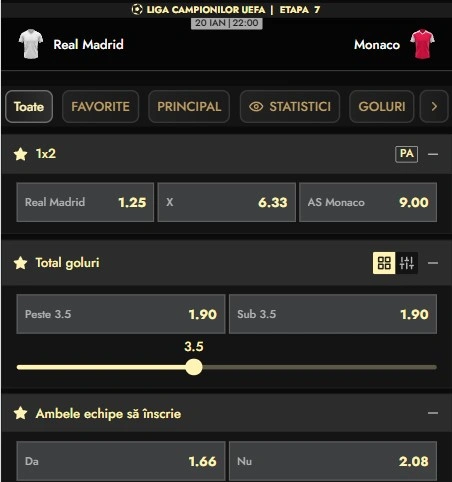 Cote pariuri Real Madrid - AS Monaco oferite de Don