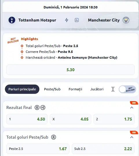 Cote pariuri Tottenham - Manchester City la Betano