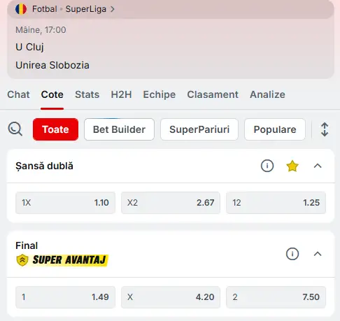 Cote pariuri U Cluj vs Unirea Slobozia la Superbet