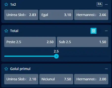 Cote pariuri Unirea Slobozia vs Hermannstadt la Mr Bit
