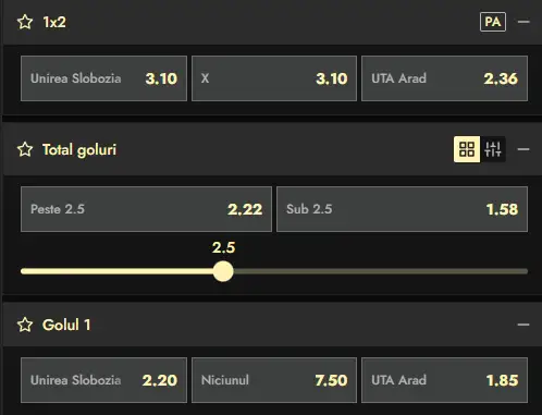 Cote pariuri Unirea Slobozia vs UTA Arad oferite de Don