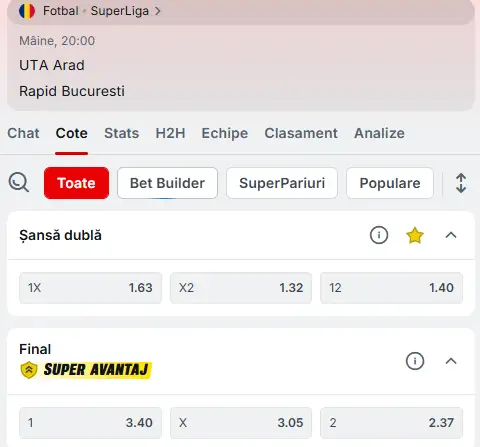 Cote pariuri UTA Arad vs Rapid la Superbet