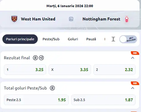 Cote pariuri West Ham vs Nottingham la Betano