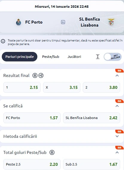 Cote pariuri FC Porto vs Benfica