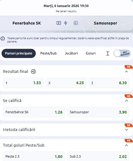 Cote pariuri Fenerbahce vs Samsunspor