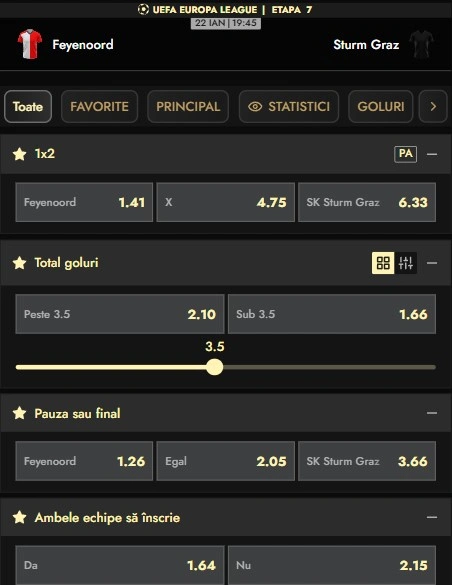 Cote pariuri Feyenoord - Sturm Graz