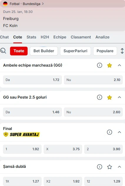 Cote pariuri Freiburg - FC Koln
