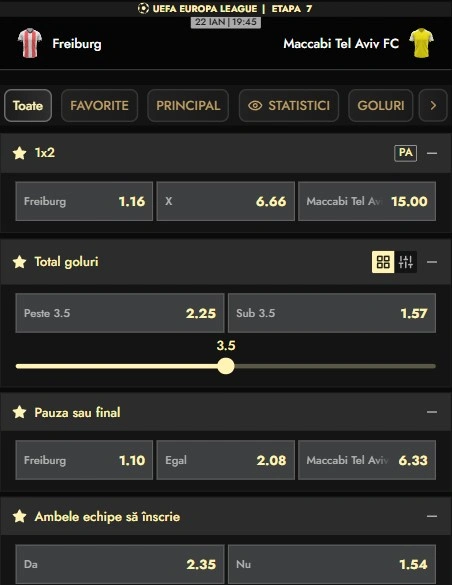 Cote pariuri Freiburg vs Maccabi Tel Aviv