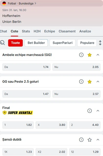 Cote pariuri Hoffenheim - Union Berlin