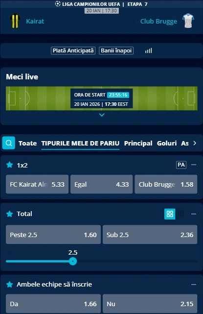 Cote pariuri Kairat Almaty - Club Brugge