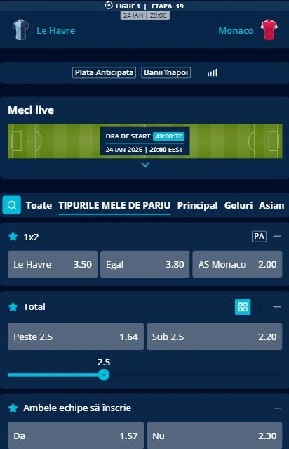 Cote pariuri Le Havre - AS Monaco