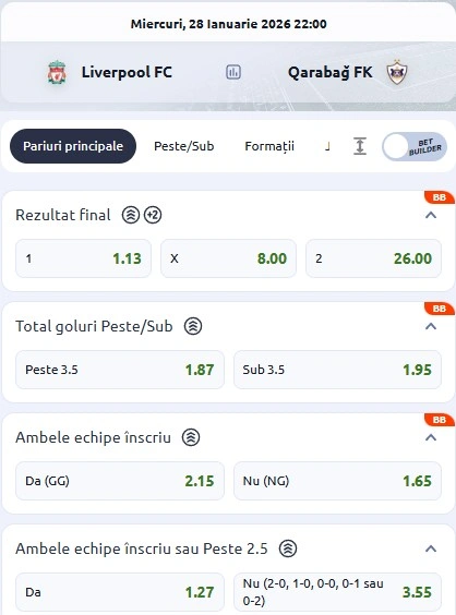 Cote pariuri Liverpool - Qarabag