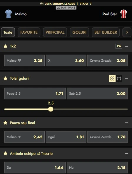 Cote pariuri Malmo FF - Steaua Roșie