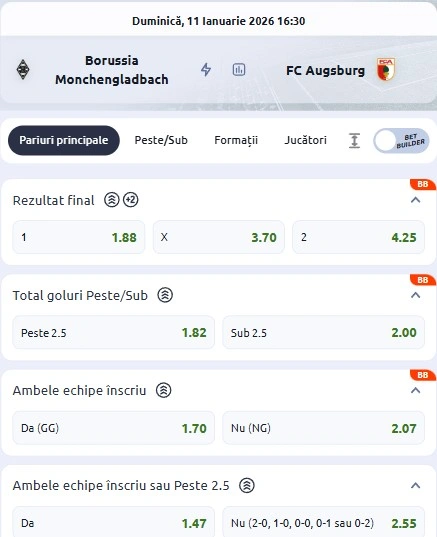 Cote pariuri Monchengladbach vs FC Augsburg